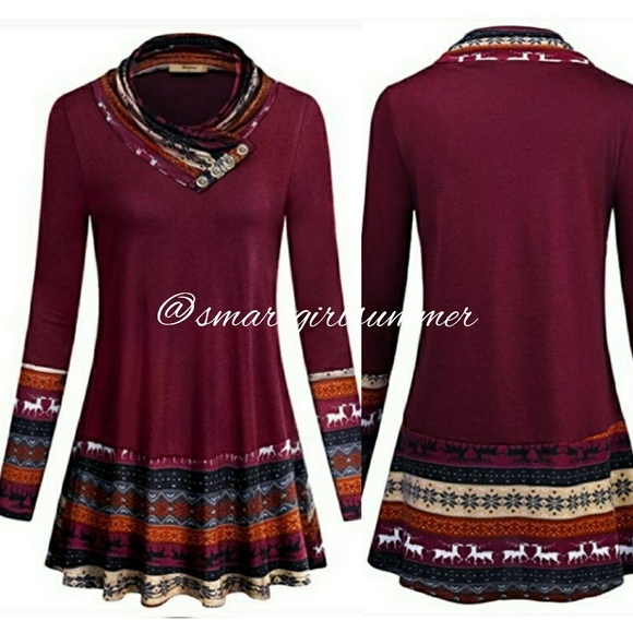 🆕⭐Plus Cozy red wine cowl neck deer tunic top - Picture 2 of 9